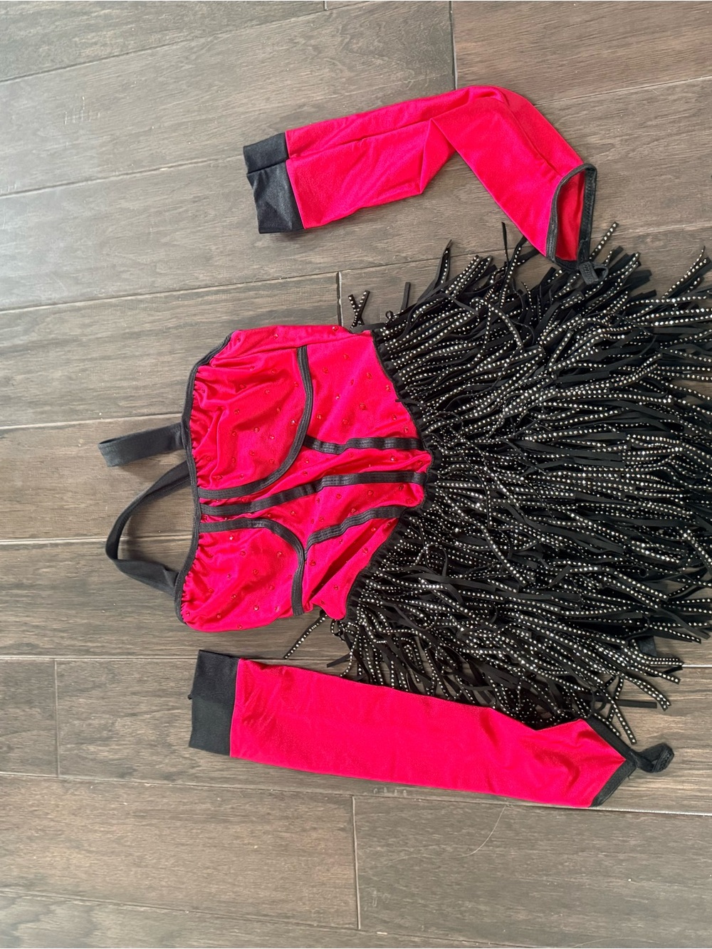 Red and black with sparkle fringe solo dance costume adult small.